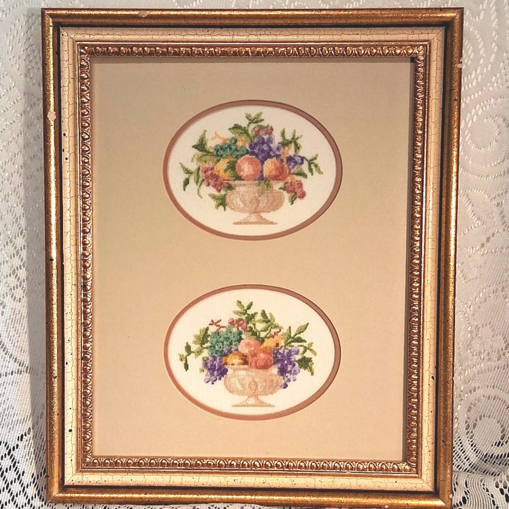 Petit Point Fruit & Floral Double Matted, Framed Under Glass 3410